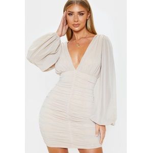 PrettyLittleThing Mesh Ruched Balloon Sleeve Dress